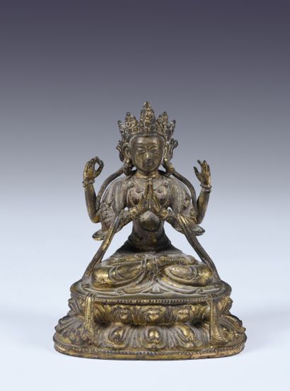 null Sadakshari Lokeshvara
Chine XVIIIe siècle
Alliage cuivreux doré.
H. 11,5 cm
Assis...