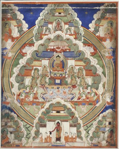 null Paradis d’Amitabha
Mongolie, circa XIXe siècle
Détrempe sur toile.13 x 11 cm
Amitabha...