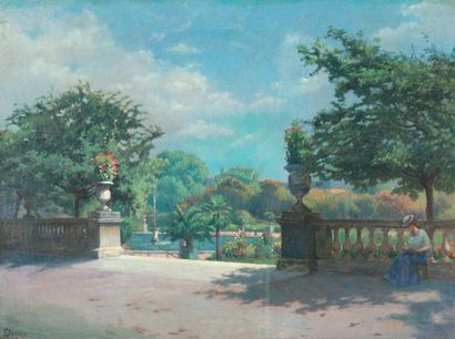George William Damaye (1875-) Liseuse au jardin du Luxembourg Huile sur toile signée...