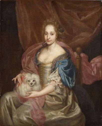 Ecole ANGLAISE vers 1700 Jeune femme au chien Huile sur toile 109,5 x 89,5 cm (R...