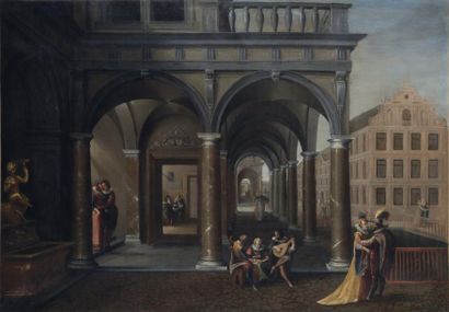 ÉCOLE HOLLANDAISE du XVIIe siècle, entourage de Dirck van DELEN Scène galante dans...