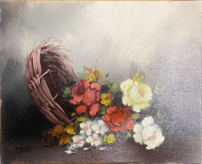 FERRER FERRER (20th)
Bouquet and basket of flowers
Three oils on canvas, signed
27...