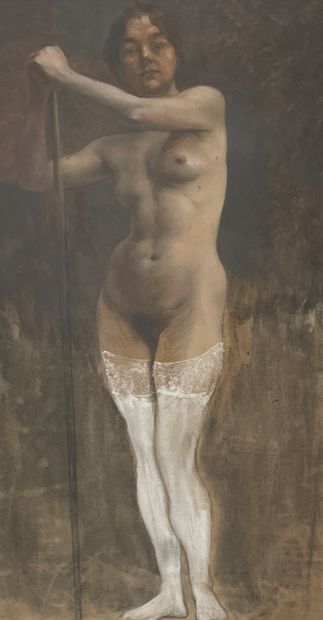 R.K. R.K.
Jeune femme nue aux bas blancs
Lavis d'encre, fusain et gouache sur papier...