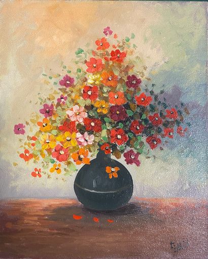 FERRER FERRER (20th)
Bouquet and basket of flowers
Three oils on canvas, signed
27...