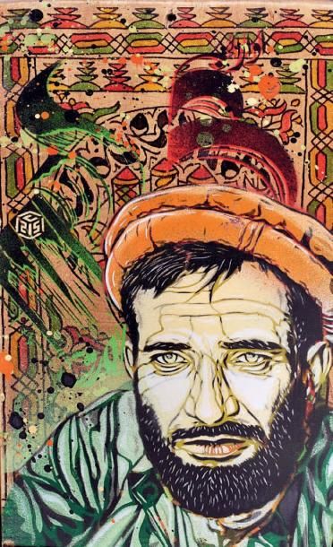 C215 (Français, né en 1973) Afghan boy
Peinture aérosol et pochoir sur bois, signature...