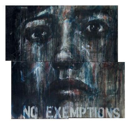 GUY DENNING (Britannique, né en 1965) No Exemptions (Triptych), 2011
Huile sur toile,...