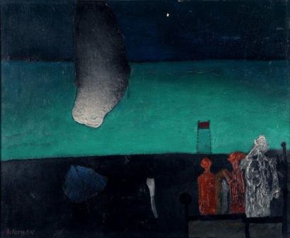 ACKERMAN Paul (1908-1981) Ils regardent tomber Huile sur toile, signée en bas à gauche...