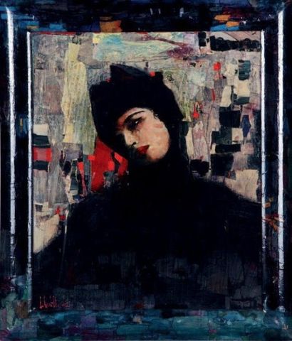 CASTILLA Juan (Espagnol, né 1936) Portrait d'une élégante, 2002 Collage, peinture...