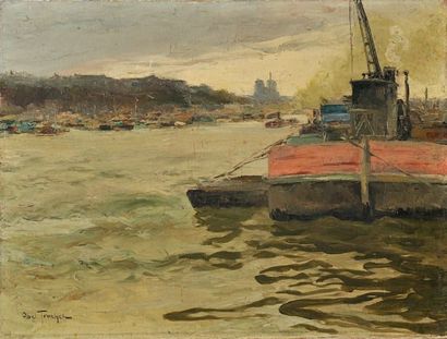 TRUCHET ABEL (1857-1918) Péniches, la Seine, Notre-Dame Huile sur toile, signée en...