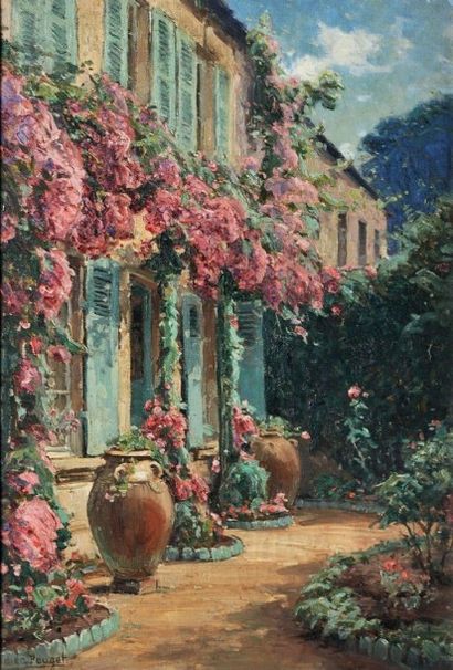 POUGET Didier (1864-1959) La maison aux fleurs Huile sur toile, signée en bas à gauche...
