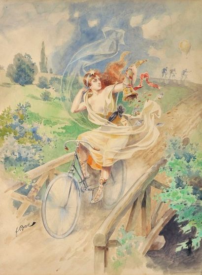 Ferdinand BAC (1859-1952) 

La fortune à vélo

Aquarelle gouachée sur traits de crayon,

signée...