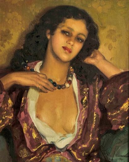 José CRUZ HERRERA (1890-1972) 

Jeune femme à la poitrine légèrement dénudée, 1941

Toile,...