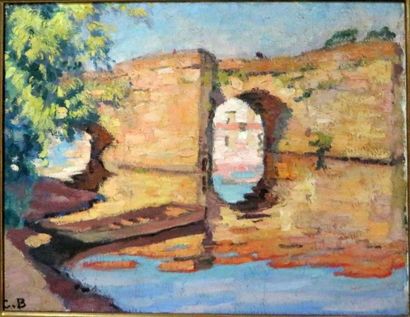 Charles BICHET ( 1863-1929) 
Le pont
Huile sur toile datée 1919 au dos et monogrammé...