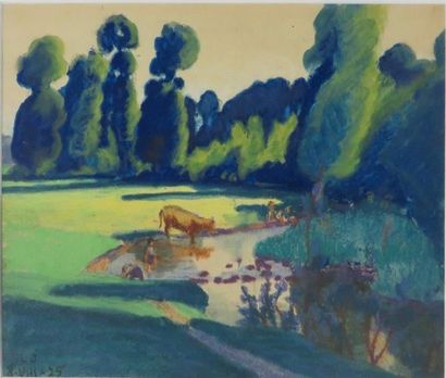 Léon JOUHAUD ( 1874-1950) 

Al'abreuvoir, 1925

Pastel monogrammé et daté 8.VIII.25...