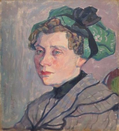 Charles BICHET ( 1863-1929) 

Portrait de Madame Klein à la coiffe verte

Huile sur...