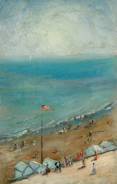 WILLARD LEROY METCALF 1858-1925 Vue panoramique sur la plage Huile sur panneau titrée...