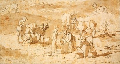 ATTRIBUÉ À THÉOBALD MICHAU 1676-1765 Paysage aux bergers et troupeaux Plume et encre...