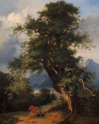 École FRANÇAISE du XIXe siècle, Paysage montagneux au grand arbre, animé d'une scène...