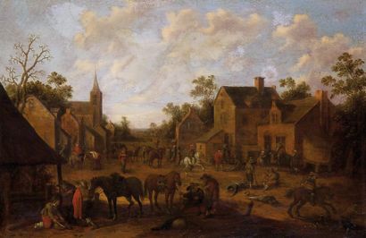 JOOST CORNELISZ DROOGSLOOT 1630-1666 Scène villageoise Huile sur panneau parqueté...