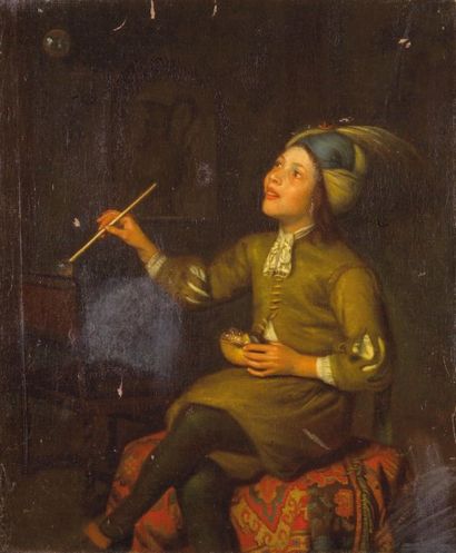 GODFRIED VAN SCHALKEN 1643-1706 Jeune garçon soufflant des bulles Huile sur toile...