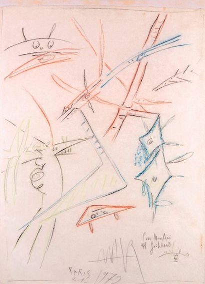 WILFREDO LAM 1902-1982 Crayons de couleurs et fusain sur papier Japon signé en bas...