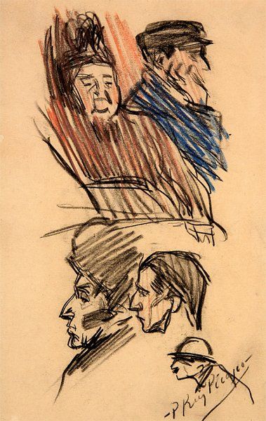 Pablo PICASSO 1881-1973 Etude de cinq têtes de personnages Dessin au crayon noir...