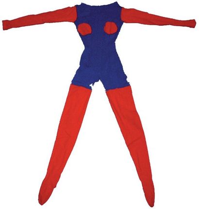 null Costume de femme buste bleu, deux ronds, bras et jambes rouges devant, buste...