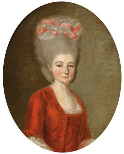 ECOLE FRANÇAISE DE LA FIN DU XVIIIe SIÈCLE Portrait de femme en robe rouge et à haute...