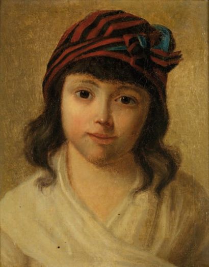 ECOLE FRANÇAISE DU XIXe SIÈCLE Jeune fille au turban rouge Huile sur toile 39 x 31,5...