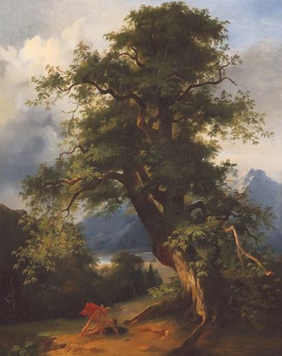 ECOLE FRANÇAISE DU XIXe SIÈCLE Paysage montagneux au grand arbre, animé d'une scène...