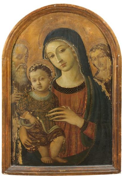 ECOLE ITALIENNE DU XIXe SIÈCLE Sainte Famille Panneau cintré 101,5 x 66,5 cm