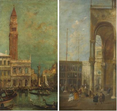 ATELIER DE FRANCESCO GUARDI Vues de Venise Deux huiles sur toile 97 x 53 cm Provenance...