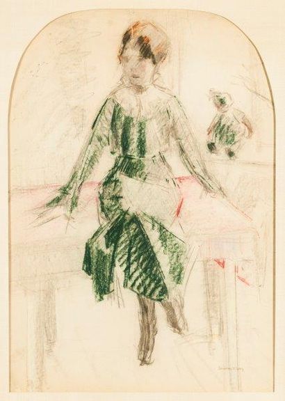 *SCHMALZIGAUG Jules (1882 - 1917) 

Portrait de dame assise sur une table rouge

Crayon...