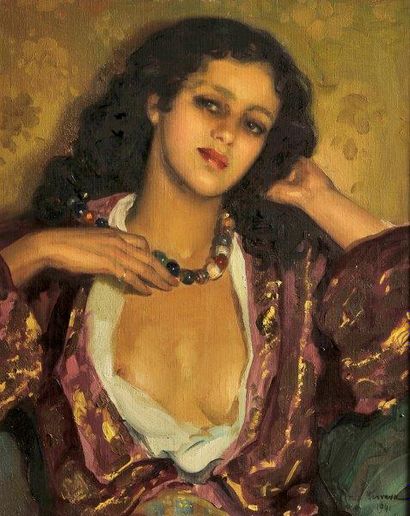 José CRUZ HERRERA (1890-1972) 

Jeune femme à la poitrine légèrement dénudée, 1941

Toile,...