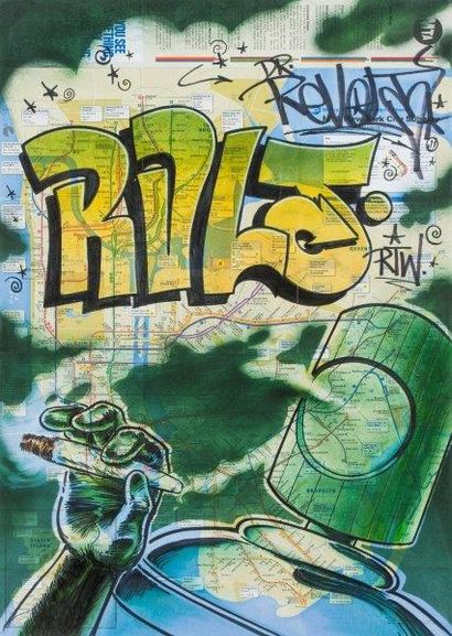 DR REVOLT (Américain) RVL5

Peinture aérosol et feutre sur plan de métro New-Yorkais,

signé...