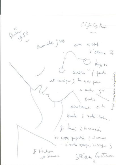 null Jean Cocteau
Lettre autographe signée ornée d’un dessin,
10 juillet 1953; une...