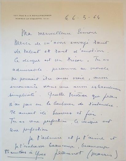 null Jean Marais.
Lettre autographe signée, datée du 6 mai 1964; une page in-4.
Jean...