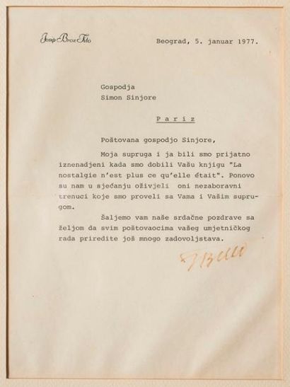 null Josip Broz Tito.
Lettre dactylographiée lignée.
Belgrade, 5 janvier 1977; une...