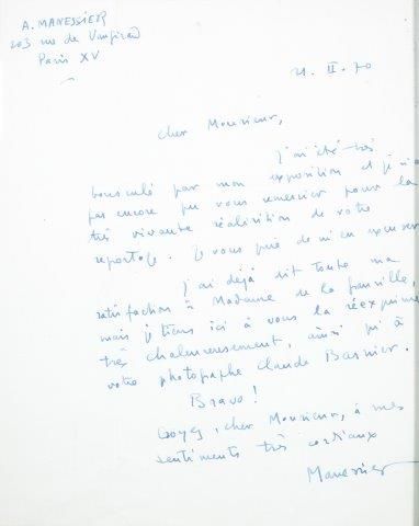 MANESSIER ALFRED (1911-1993) 
Lettre manuscrite signée et datée 20.08.72