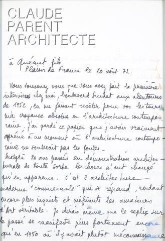 PARENT Claude architecte 
Lettre manuscrite sur papier en-tête adressée à Quéant...