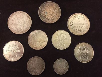 null Lot de pièces en argent de

monétarisées :

7 pièces de 100 Francs,

2 pièces...