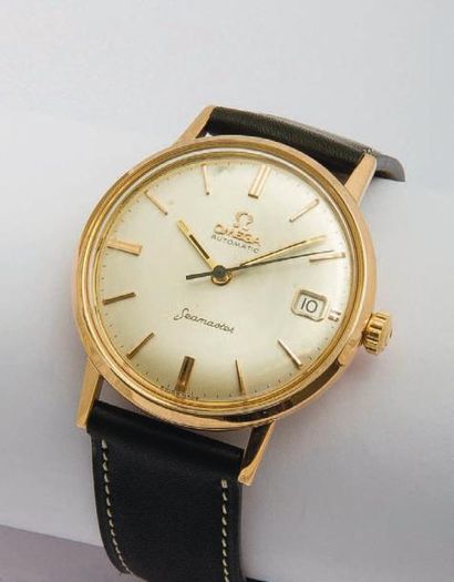 OMEGA (Seamast er Date / Or Rose), vers 1950 Belle montre classique à anses cornes...
