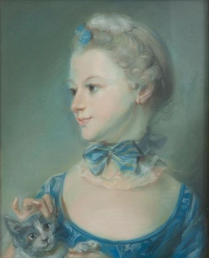 null Ecole française du XIXe siècle 
Jeune fille au chat
Pastel.
46 x 38 cm.