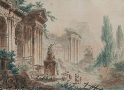 null Ecole française XVIIIe siècle
Ruines animées
Aquarelle et gouache. 
39 x 52,5...