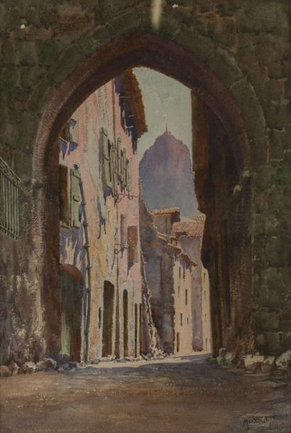 null Pierre MANDONNET (1891-1970). 
Porte de Castellane 1925-1930. 
Aquarelle signée...