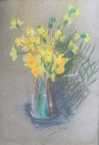 null G de SAINT SEINE
Fleurs jaunes dans un vase
Pastel signé en bas au centre
36...