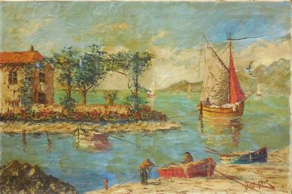 null Pêcheurs en bord de mer.
Huile sur toile signée en bas à droite.
54 x 81 cm...