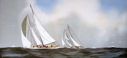 Léon HAFFNER (1881-1972. Nommé peintre officiel de la Marine en 1918) Goélettes en...