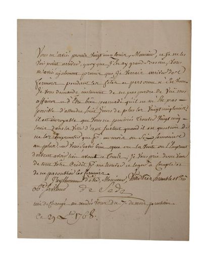 null Marquis de SADE (1740-1814)
Lettre autographe signée, adressée le 29 décembre...