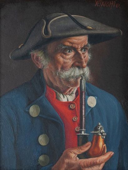 null Frans-Xaver WÖLFLE (1887-1972). 
Homme au gilet rouge fumant. 
Huile sur panneau...